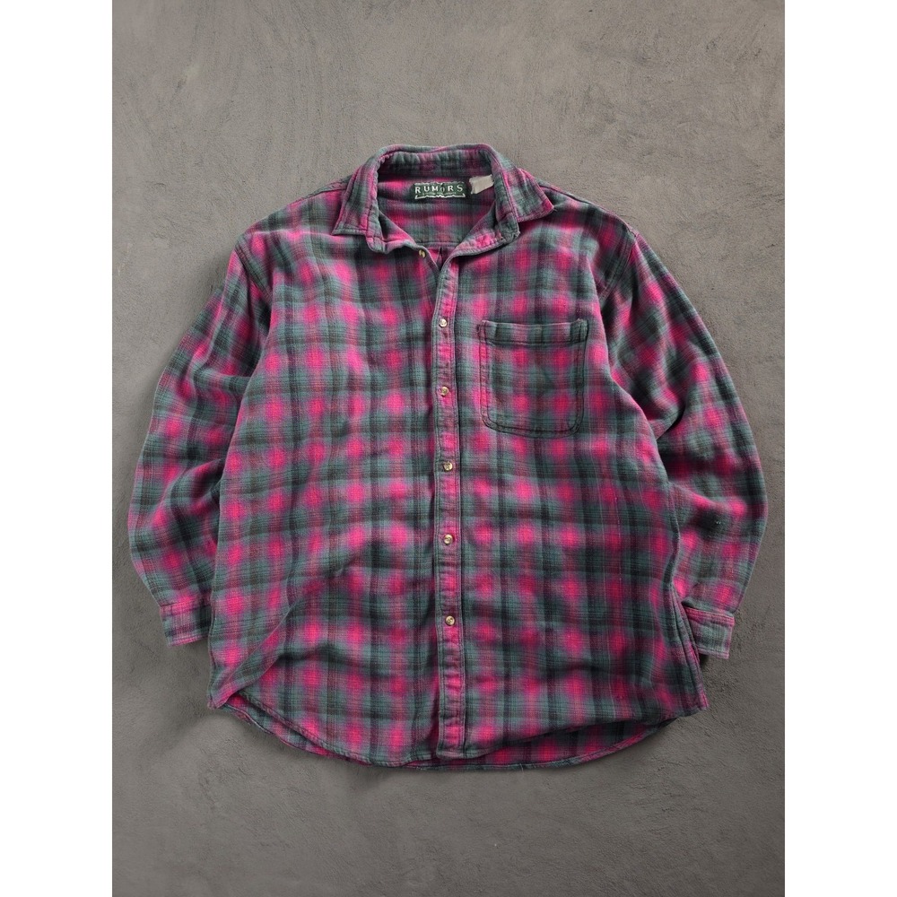 Vintage 1990s Rumors Pink Cotton Plaid Flannel Shirt Grunge L Button-Up